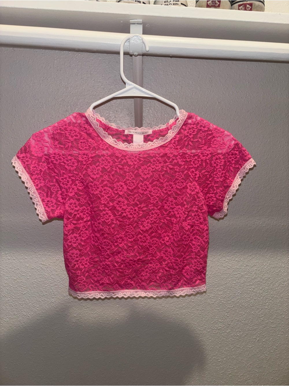 Victoria's Secret Hot Pink Lace Short Sleeve Crop Top with Trim